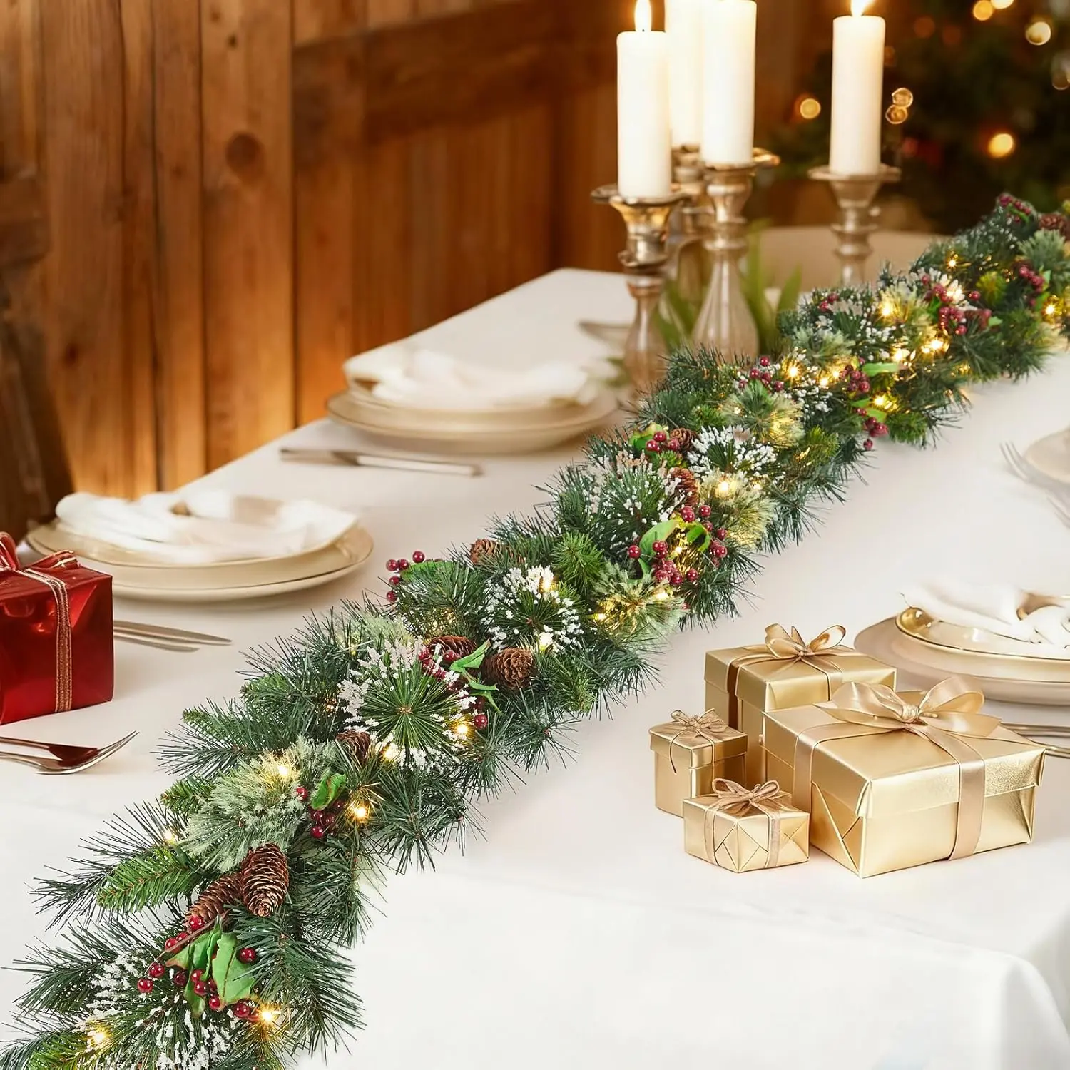 9FT قبل مضاءة عيد الميلاد إكليل مع أضواء الاصطناعي فرع عيد الميلاد الكرمة الدافئة الأبيض LED توافدوا الخضرة جارلاند عطلة ديكور