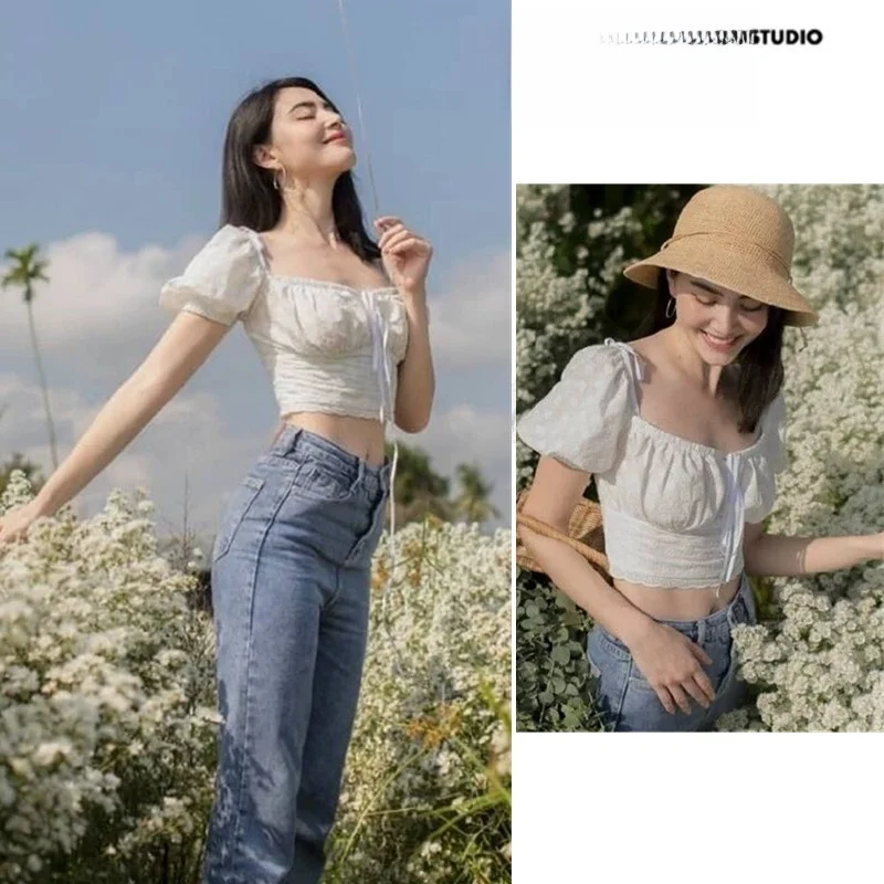 Mai renda bolha sve irt ort ajuste feminino verão topo gola quadrada oco umbigo exposição vaion ort irt