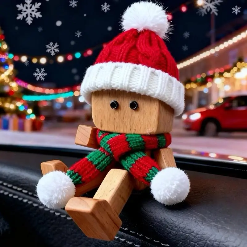 

Christmas Shaking Man Statue Wooden Man Figurines With 12 Replacement Expression Unique Car Dashboard Decoration Ornament