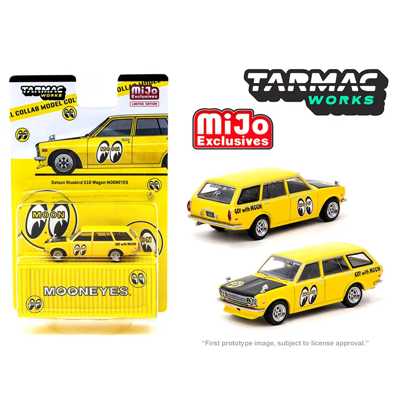 

Tarmac Works x Mijo 1:64 Model Car Datsun Yellow Bird 510 Wagon Mooneyes Alloy Die-Cast Vehicle