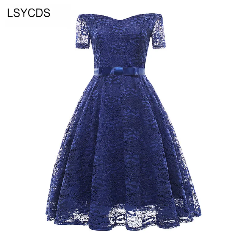 LSYCDS Women Summer Sexy Slash Neck Dress Blue Robe Vintage Retro Casual Party Rockabilly 50s 60s Bow Lace Women Dress