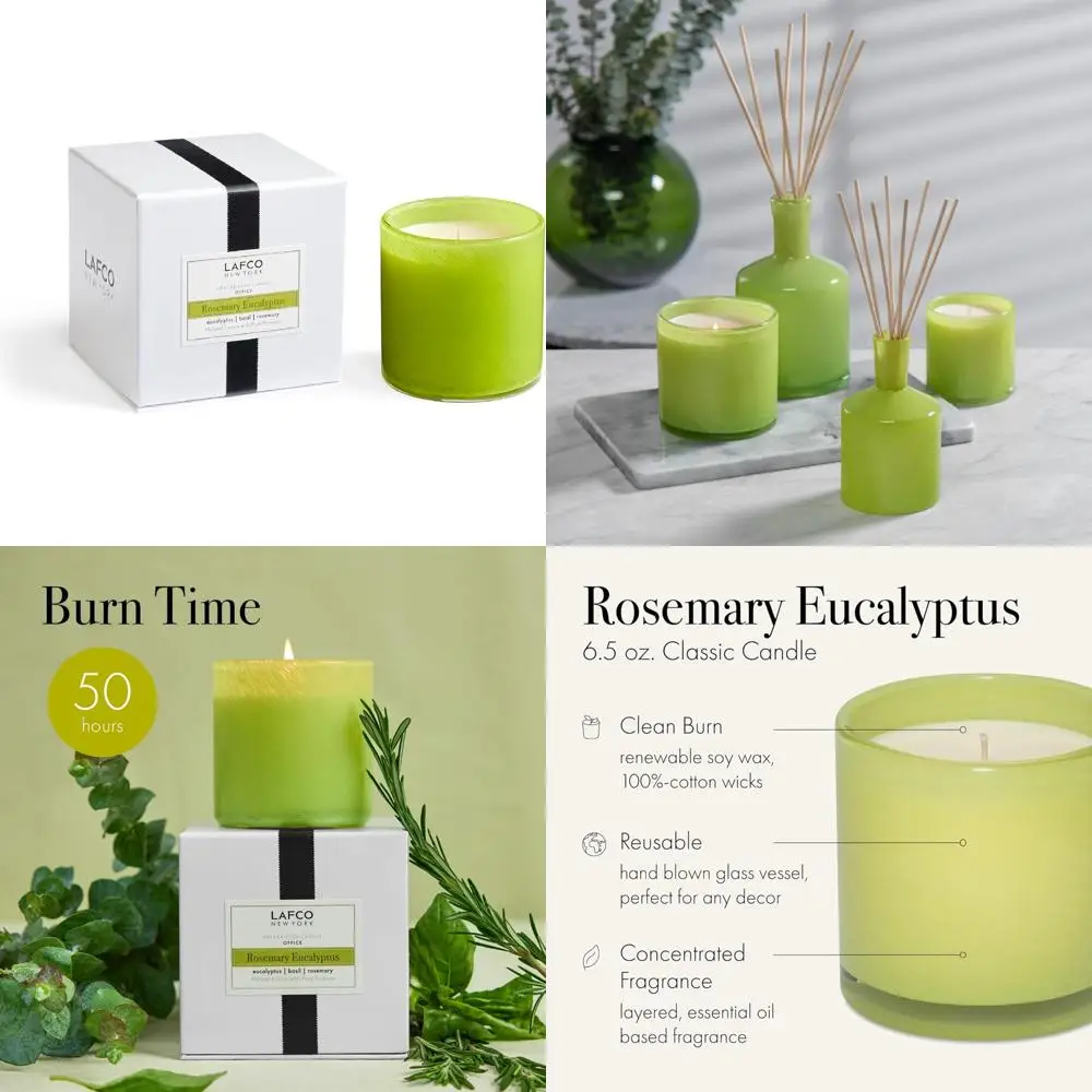 Classic 6.5 oz Candle with 50-Hour Burn Time, Rosemary Eucalyptus Scent, Reusable Hand Blown Glass Vessel, Made in USA