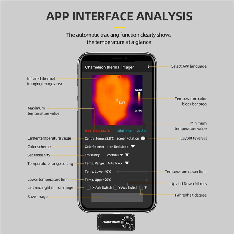 

Y50A-USB Mini Infrared Thermal Imager-20℃-1000℃ Tempreature Measuring Meter For OTG APP Control Multifunction Thermodetector