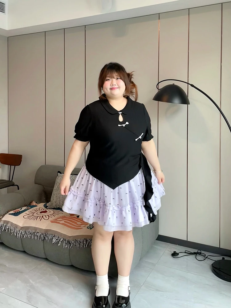 

Новый комплект в китайском стиле для полных женщин: улучшенный фасон для девушек весом до 136 кг, асимметричный топ и многоярусная юбка, милый повседневный образ