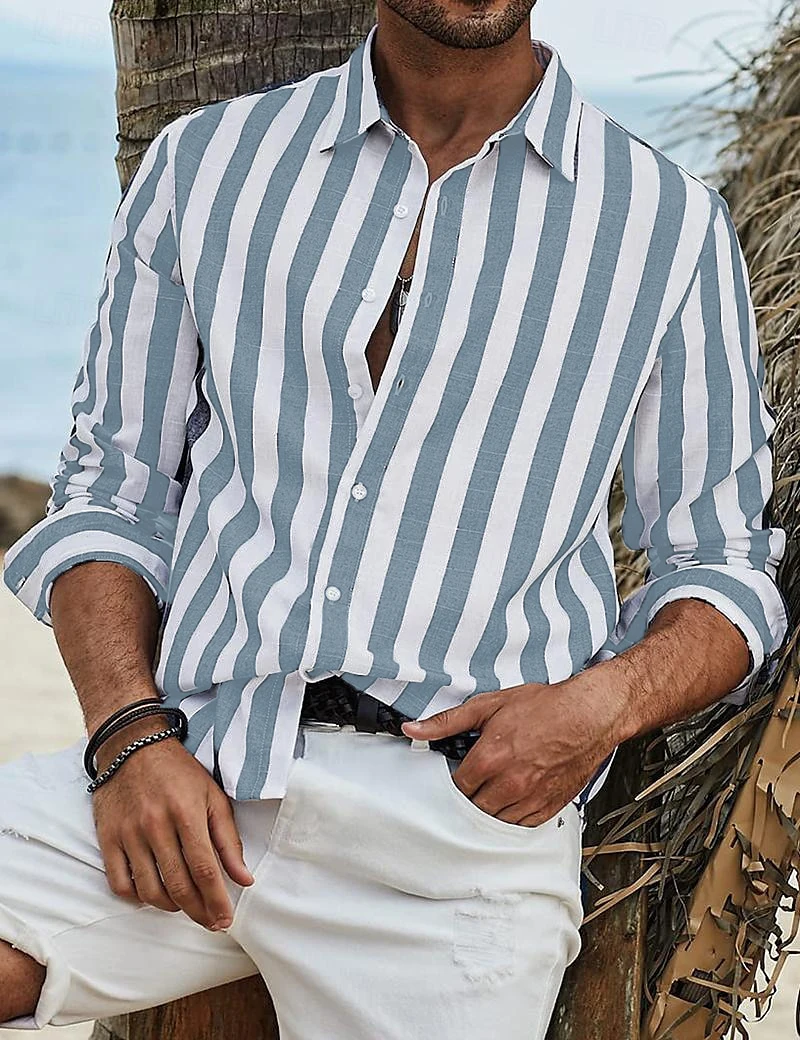 2024 Summer men's Fashion Vertical striped lapel shirt single breasted street trend Loose casual Hawaiian beach outdoor top