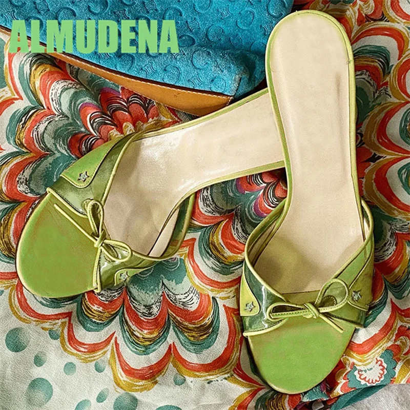 

French Style Fish Mouth Shoes Fashionable Olive Green Elegant Temperament Slim Heel Bow Design High Heels Cool Slippers