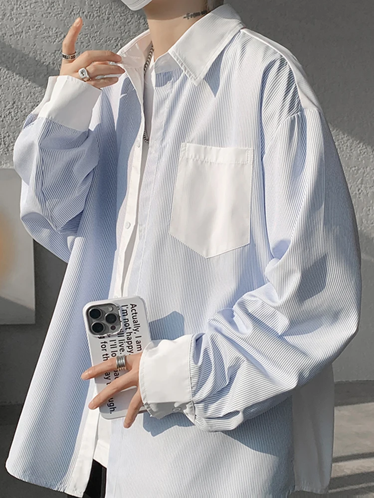 

Мужская полосатая рубашка с длинным рукавом, имитация двухслойности, модный американский студенческий стиль, дышащая верхняя одежда для ранней осени