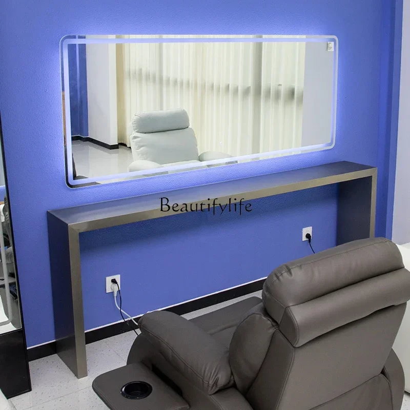 

ss newHair Salon I Stainless Steel Single-Sided Double-Seat Dressing Table Simple Barber Shop Modern Hairdressing Mirror with Li