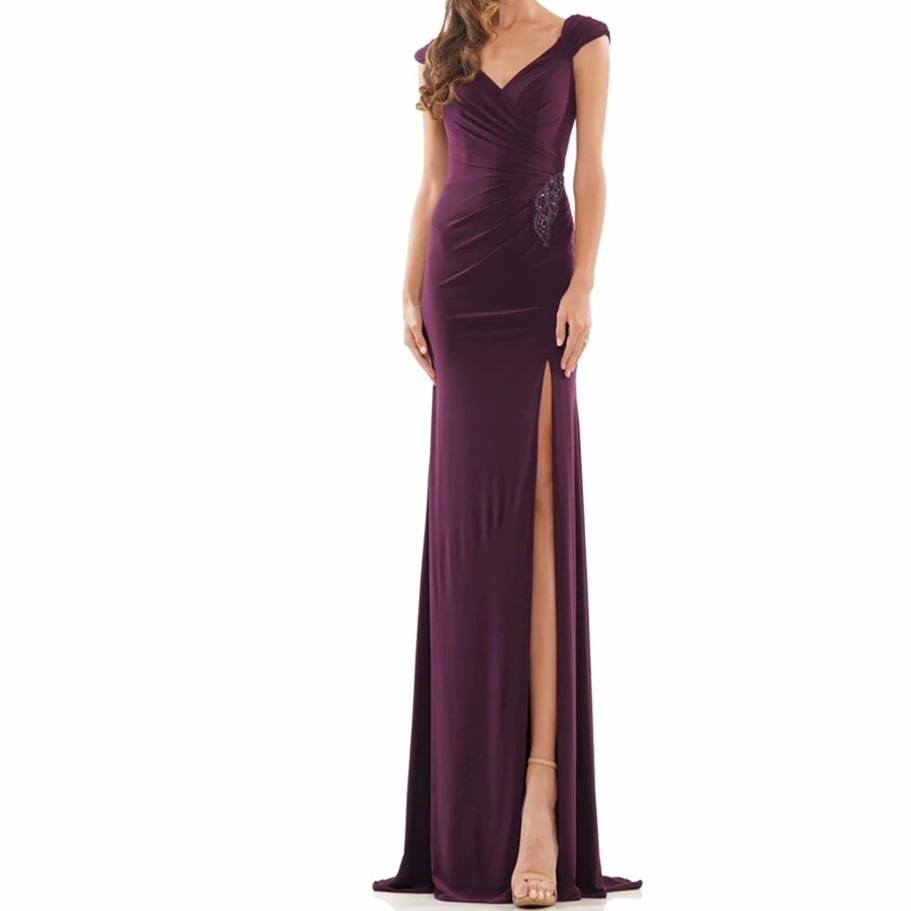 

Customized Delicate Crystal V-Neck Floor Length Side Slit Evening Dress Straight Jersey Sleeveless Sweep Train платье вечернее