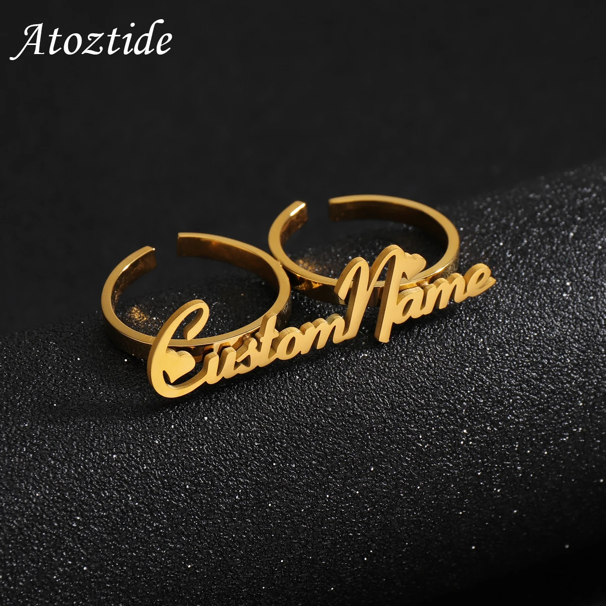 Atoztide Family Rings for Women Men Custom Double Names 2 Circles Stainless Steel Jewelry Adjustable Couple Unique Ring Gift