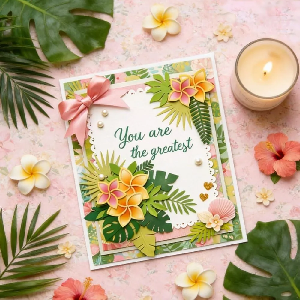 Tropical Palm Leaves Cutting Die for Making Reusable Carbon Plumeria Theme Embossing Stencils Template Die Cut for 6.81x6.3Inch