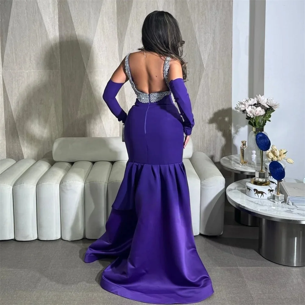Paarse kralen partij lange op maat gemaakte gelegenheid jurk avondjurken Pastrol Unisex Jersey Retro Dubai Saoedi-Arabische Prom aangepast