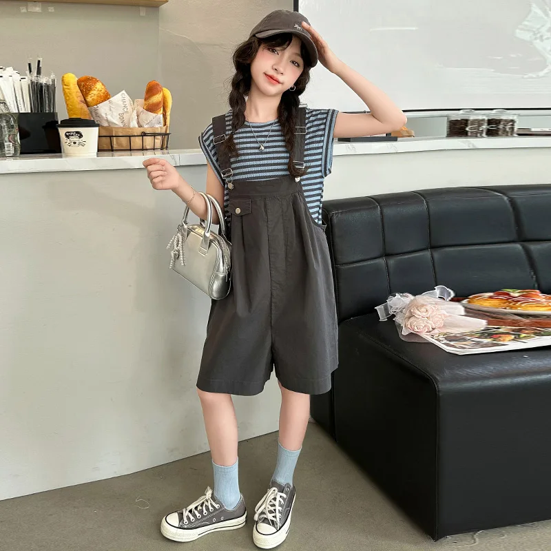 

2024 Children's Summer Overalls Shorts and Striped T-Shirt Top Set Girls Two Piece Kids Fashion Outfit 4-14 years old