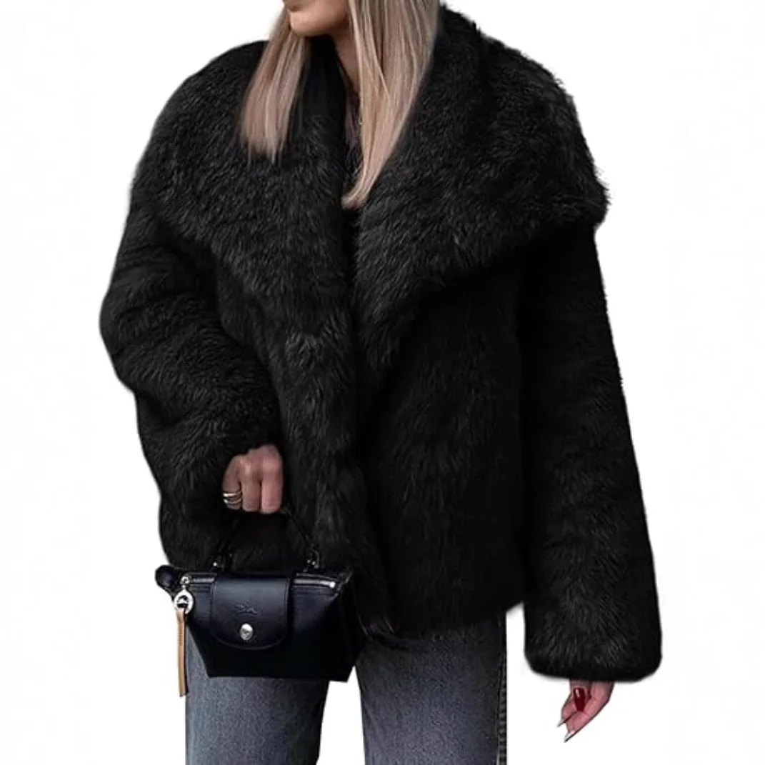 

Пушистая зимняя женская куртка из эко-меха, однотонная куртка с большим воротником с лацканами, верхняя одежда из искусственного меха, повседневное пушистое короткое пальто из искусственного меха для женщин