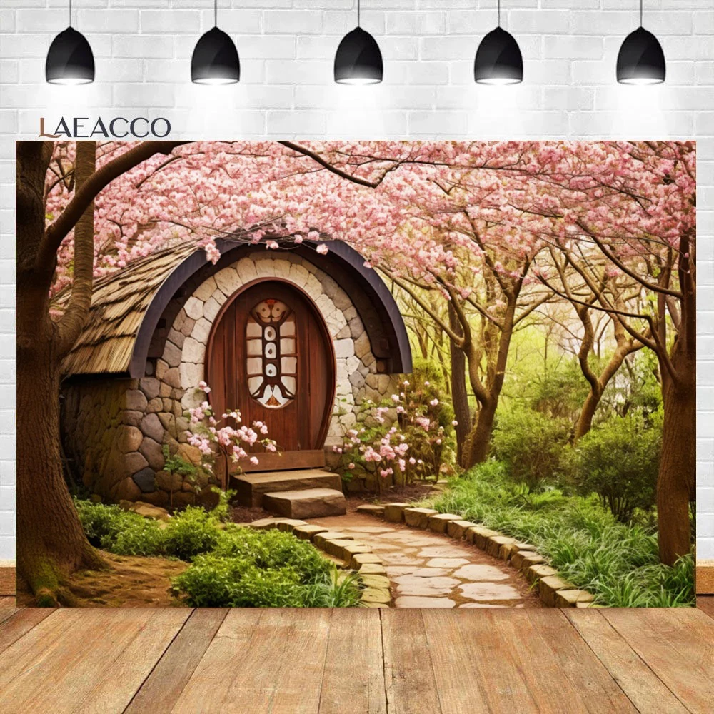 

Laeacco Spring Cherry Blossom Photography Backdrop Forest Trees Green Grassland Wooden House Girls Birthday Portrait Background