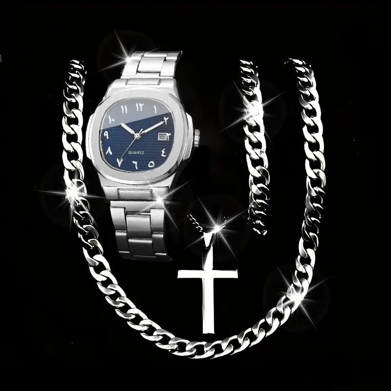4PCS Luxury Men Business Watches Bracelet Necklace Set Fashion Square Dial Quartz Wristwatch With Calendar  (WithoutBox)