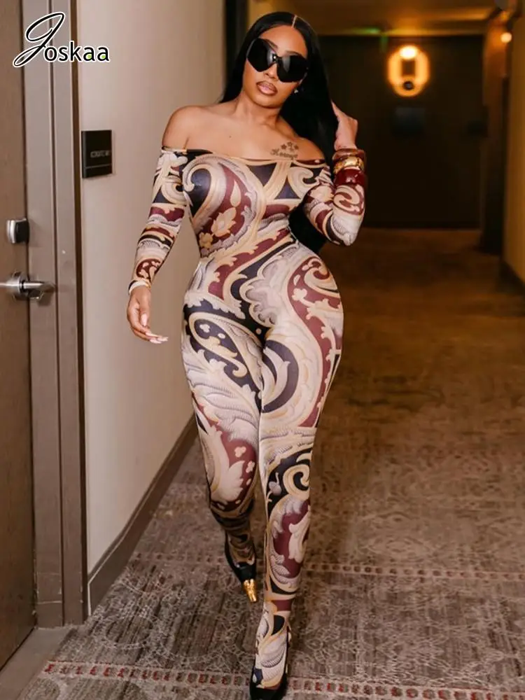 

Joskaa 2025 Fall Women's Colorful Print Strapless Jumpsuit Sexy Off Shoulder Full Sleeve Skinny One Piece Rompers Party Clubwear