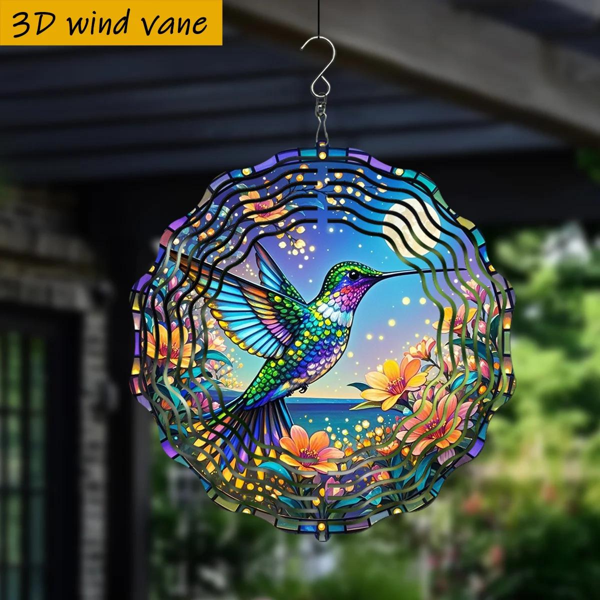 3D 1 pièce, Colibris colorés qui s'agitent parmi les fleurs sous le soleil, avec un crochet rotatif, 360° ° Ensemble de moulinets à vent créatifs saisonniers