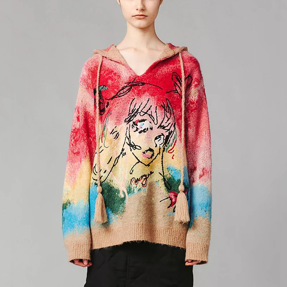 Women's Graffiti Printing Loose Hooded Sweater,Tie-Dye Pullover,Simple Embroidery,Elegant Temperament,Fashion Tops,Y2k,Fall,2024