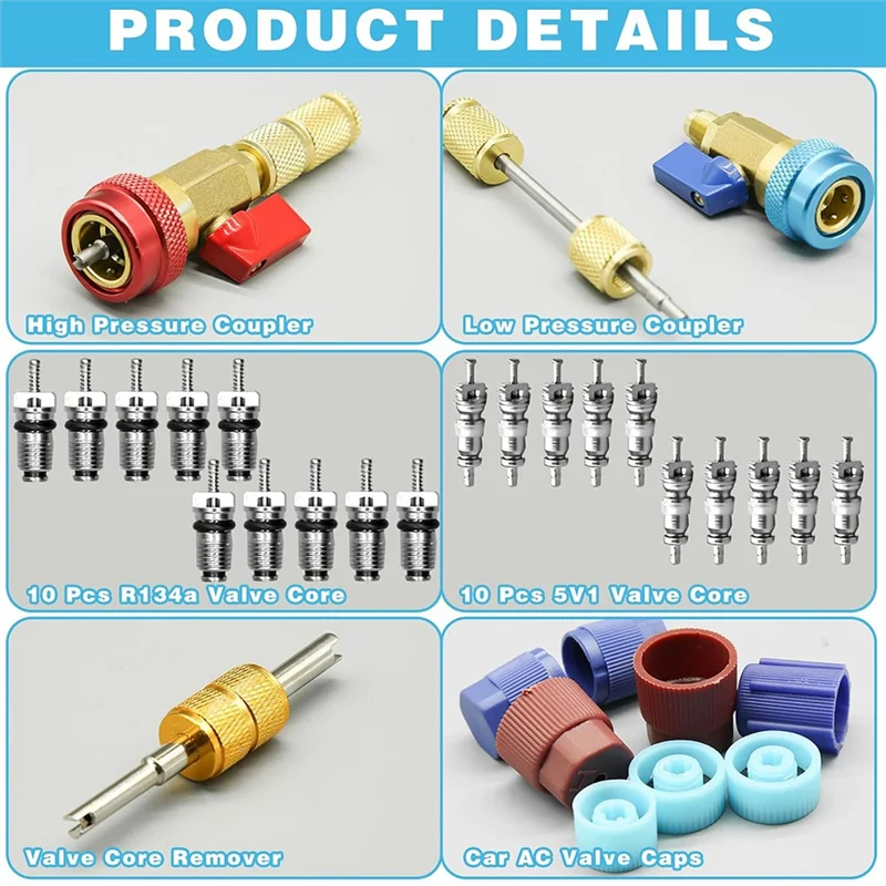 AT63-AC Valve Core Removal Tool(31Pcs), R134A Valve Core Quick Remover& Installer Tool Set, High Low Pressure Compatible