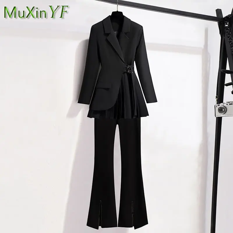 Women\'s Autumn Winter Temperament Midi Suit Coat+Split Micro Flare Pants Two-piece Korean Elegant Fashion New Casual Blazers Set