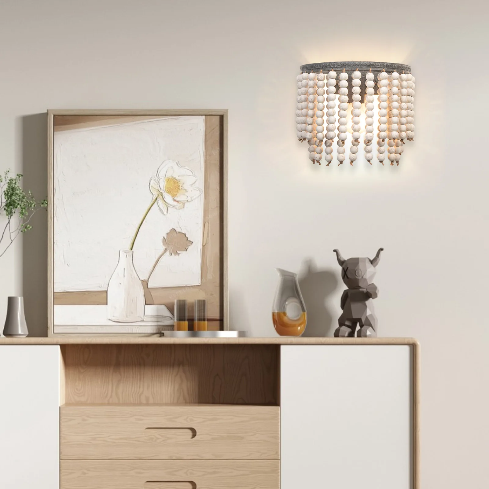 Vintage Wooden Bead Wall Light In White Bohemian Style, Rustic Boho Lamp With Farmhouse Lighting