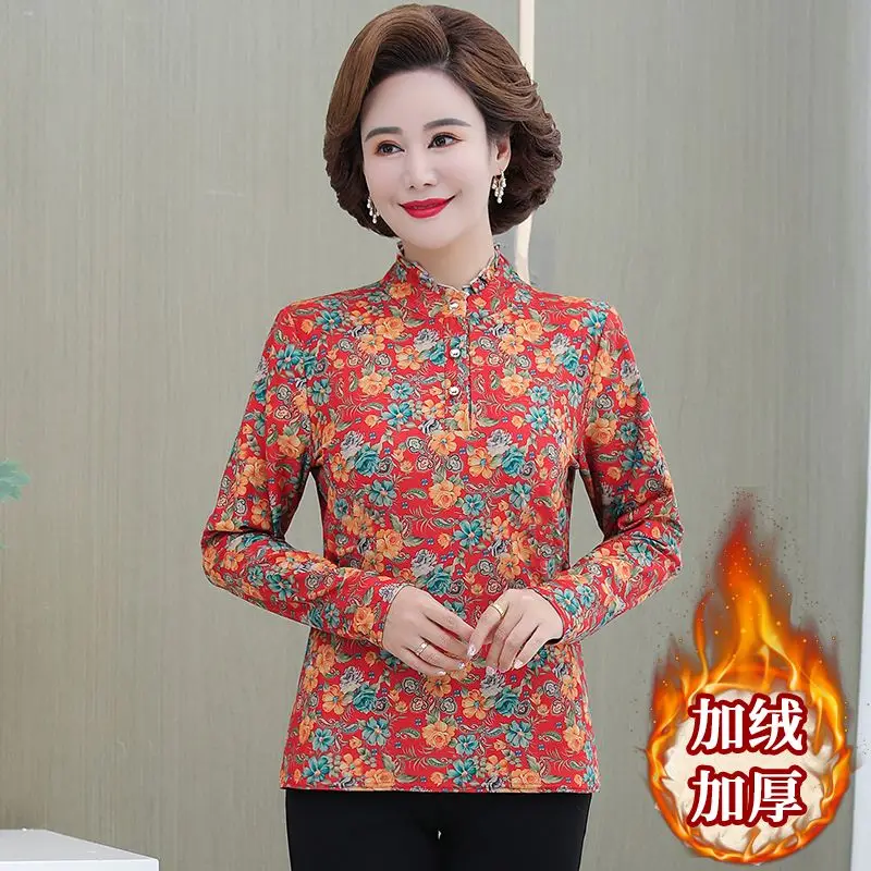 Loose Fit Middle-aged and Elderly Style Bottoming Shirt New Style T-shirt for Women with Velvet and Thickened Doll Collar