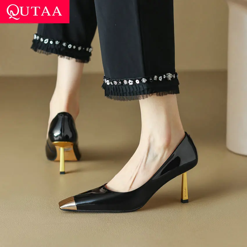 QUTAA 2023 Fashion New Women Pumps Spring Summer Party Wedding Prom Pointed Toe Thin High Heel Genuine Leather Shoes Size 34-42