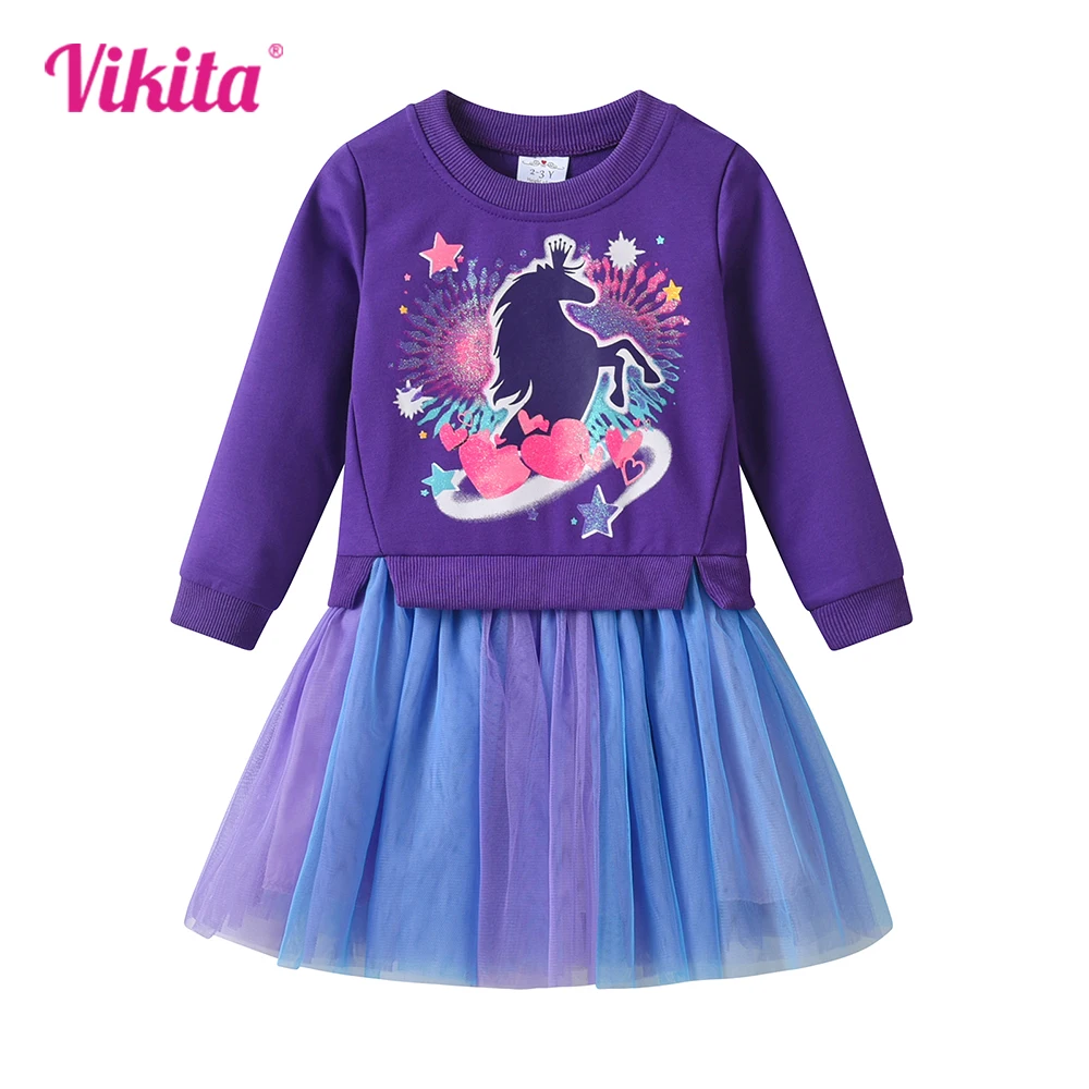 

VIKITA Kids Autumn Spring Long Sleeve Thick Dress Girls Licorne Cartoon Hoodie Dress Girls Purple Patchwork Princess Dresses