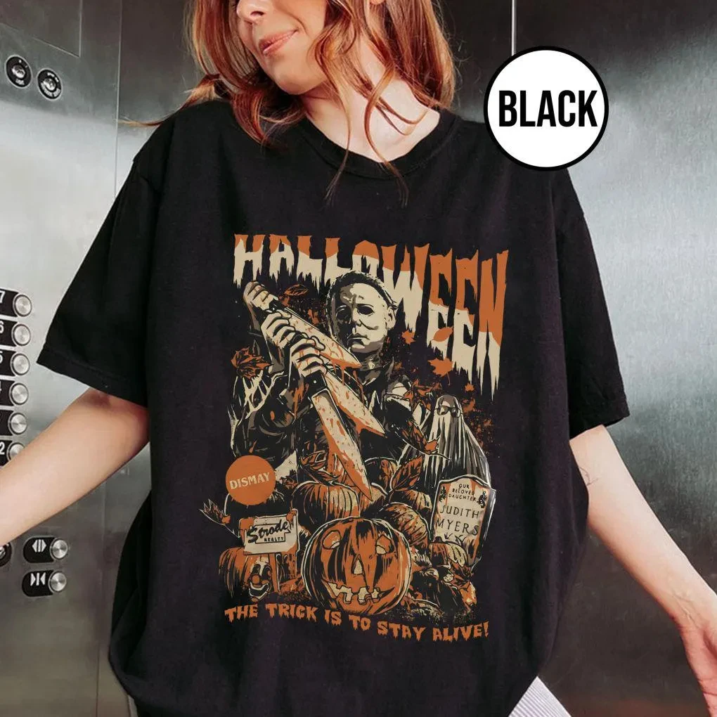 Michael Myers Halloween Vintage T-shirt Unisex Oversized Short Sleeve Tee The Trick Is To Stay Alive Horror Movie Graphic TShirt