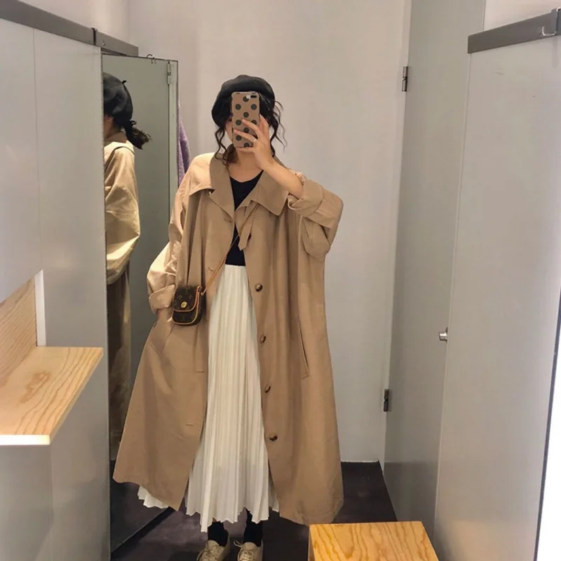 Retalhos femininos casacos soltos de trincheira, lapela entalhada, manga comprida, outerwear feminino, jaqueta Harajuku, outono, inverno, 2022