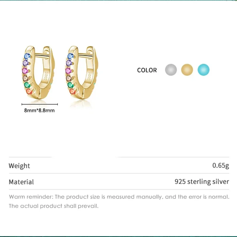 Pure 925 Sterling Silver Mini Hoop Earrings for Daughter Children Girls Kids Rainbow Color Zircon tragus Earring Fine Jewelry