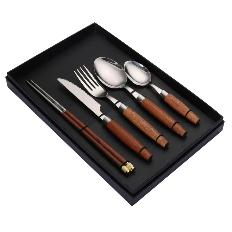 304 Stainless Steel Steak Knife, Fork, Spoon, Chopsticks, Wooden Handle, Tableware, Practical Durable, Kitchen Dishes, Full Sets