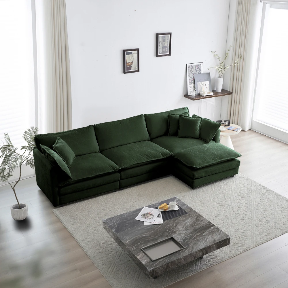 

Free Combination Comfy Upholstery Modular Oversized L Shaped Sectional Sofa With Reversible Ottoman, Green Chenille