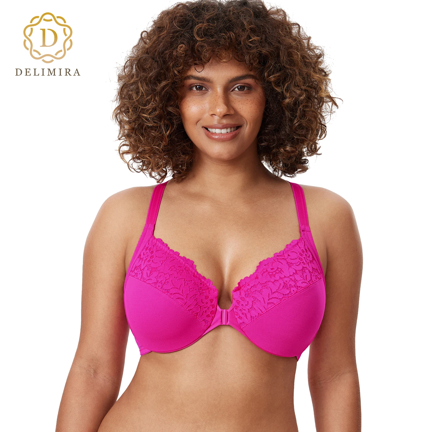 

DELIMIRA Women's Front Closure Plus Size Full Coverage Lace Underwire Racerback Bra D DD E F