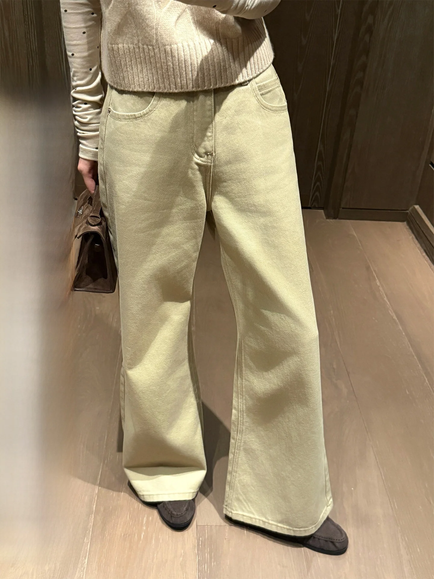 

BULENG Pure Cotton 00% Straight Leg Jeans Women's High Waist Button Fly Casual Waed Khaki Long Pants Slimming Effect