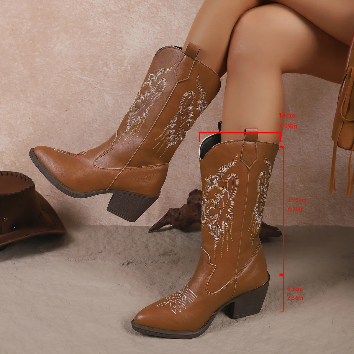 Botas de caballero con muesca en V bordadas retro, vaquero occidental, media pantorrilla, talla grande, punta estrecha, zapatos de mujer, impermeables a la moda...