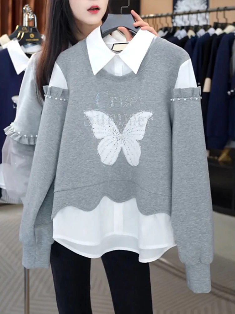 

Длинный свитшот в стиле пэчворк Heavy Embellied, женский весенне-осенний утягивающий возрастной топ, повседневный топ для поездок на работу