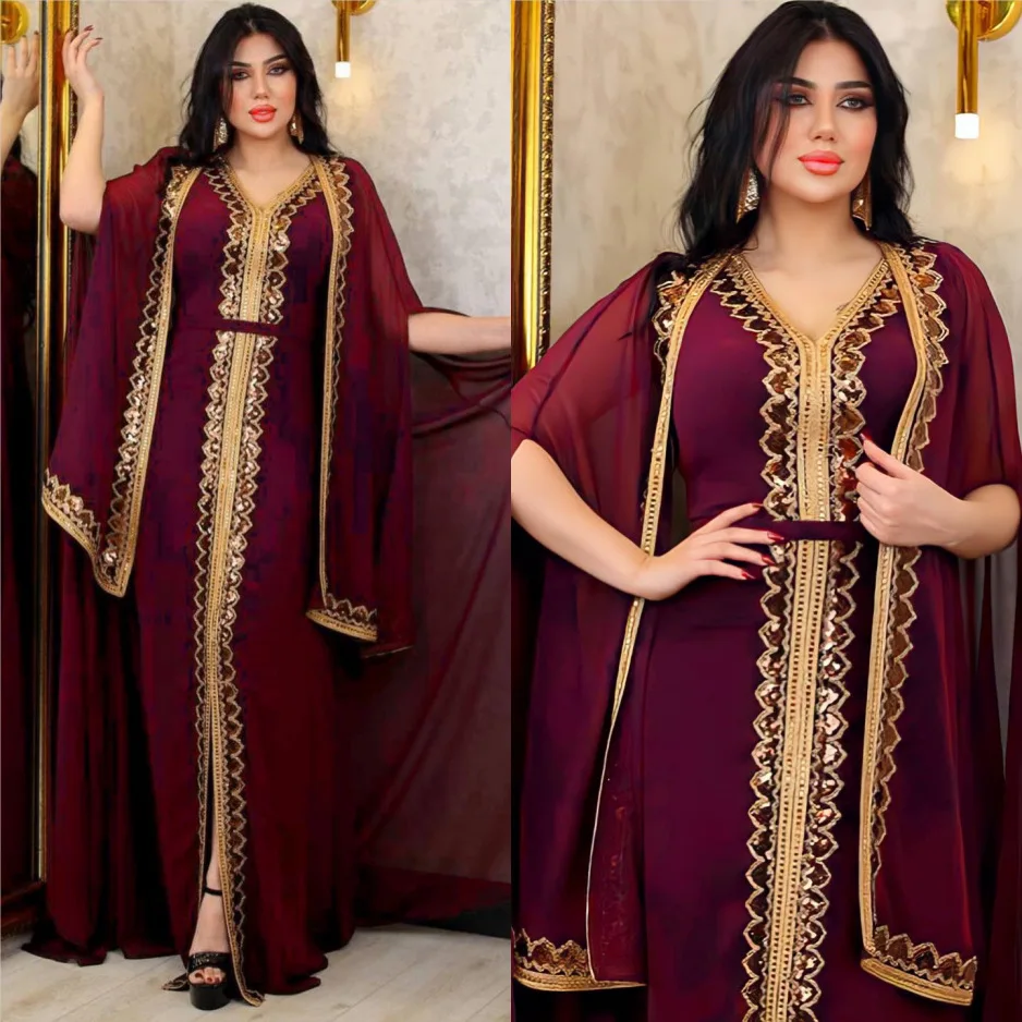 Dubai Luxury Sequin Kimono Cardigan Open Abaya Muslim 2-częściowy zestaw sukienek Turcja Kaftan Eid Djellaba Islam Jalabiya Maroko Caftan