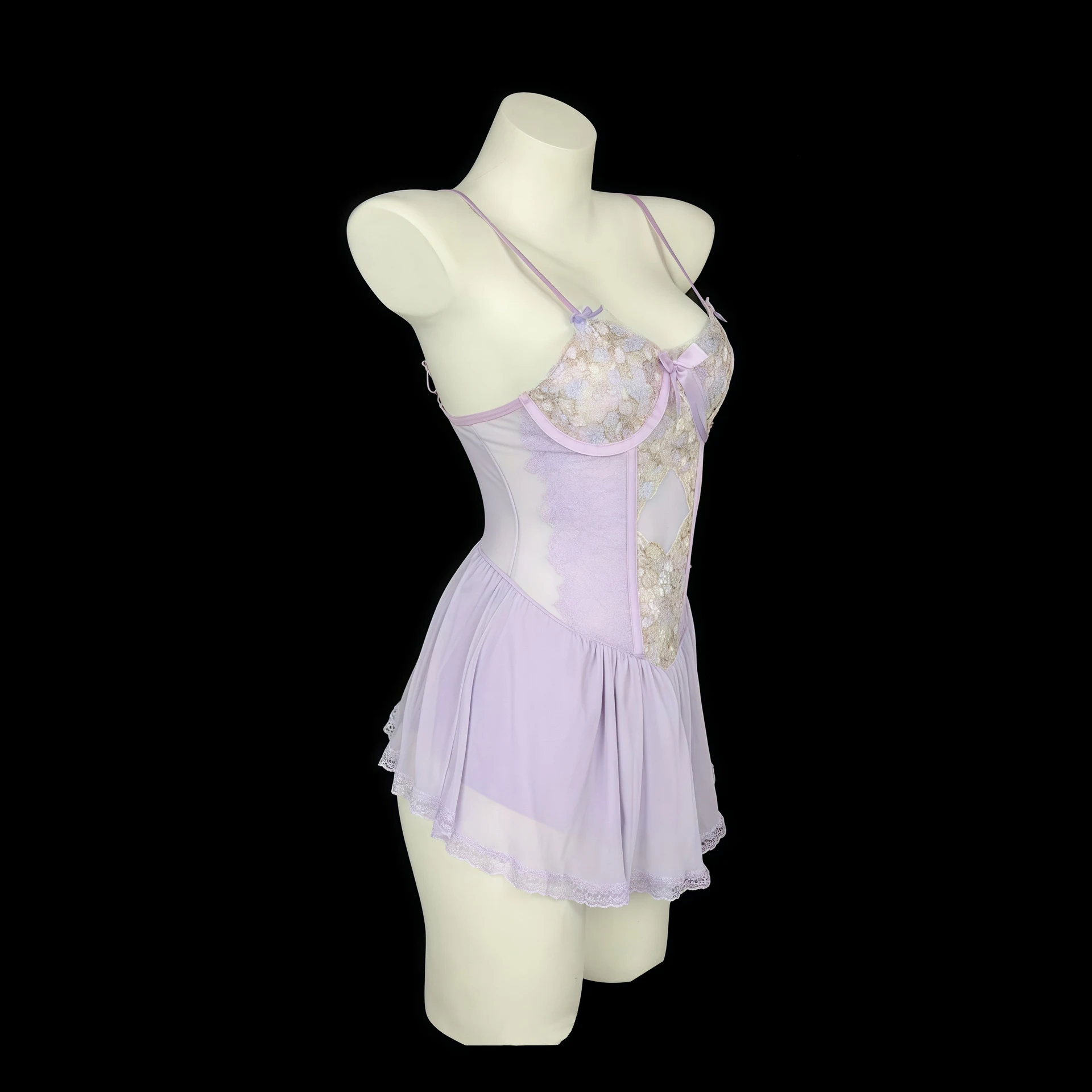 Purple French Lace Camisole Dress Flirting Sexy Sleepwear Bowknot Backless Deep V Sleeveless Dress Charming