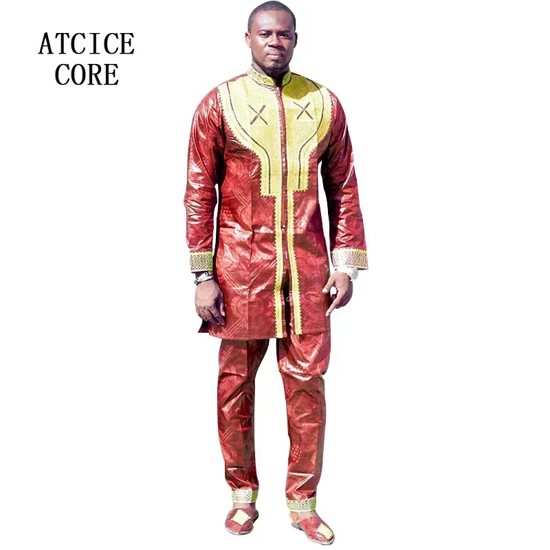 African Traditional Man Suit Bazin Riche Embroidery Design Dress One Top One Pants Without Shoes