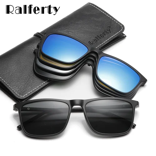 Imagen 1 del producto Ralferty magnético gafas de sol hombres 5 en 1 polarizadas Clip en gafas de mujeres cuadrado gafas de sol de la luz Ultra-gafas de visión nocturna a8804