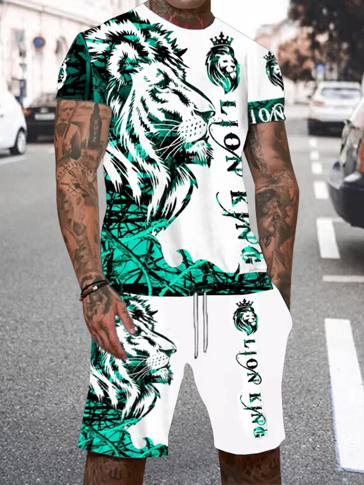 Sommer Männer setzt Shorts Outfits männliche T-Shirts Straße T-Shirt zweiteilige 3d Löwen druck lässig O-Ausschnitt Trainings anzug übergroße Strand