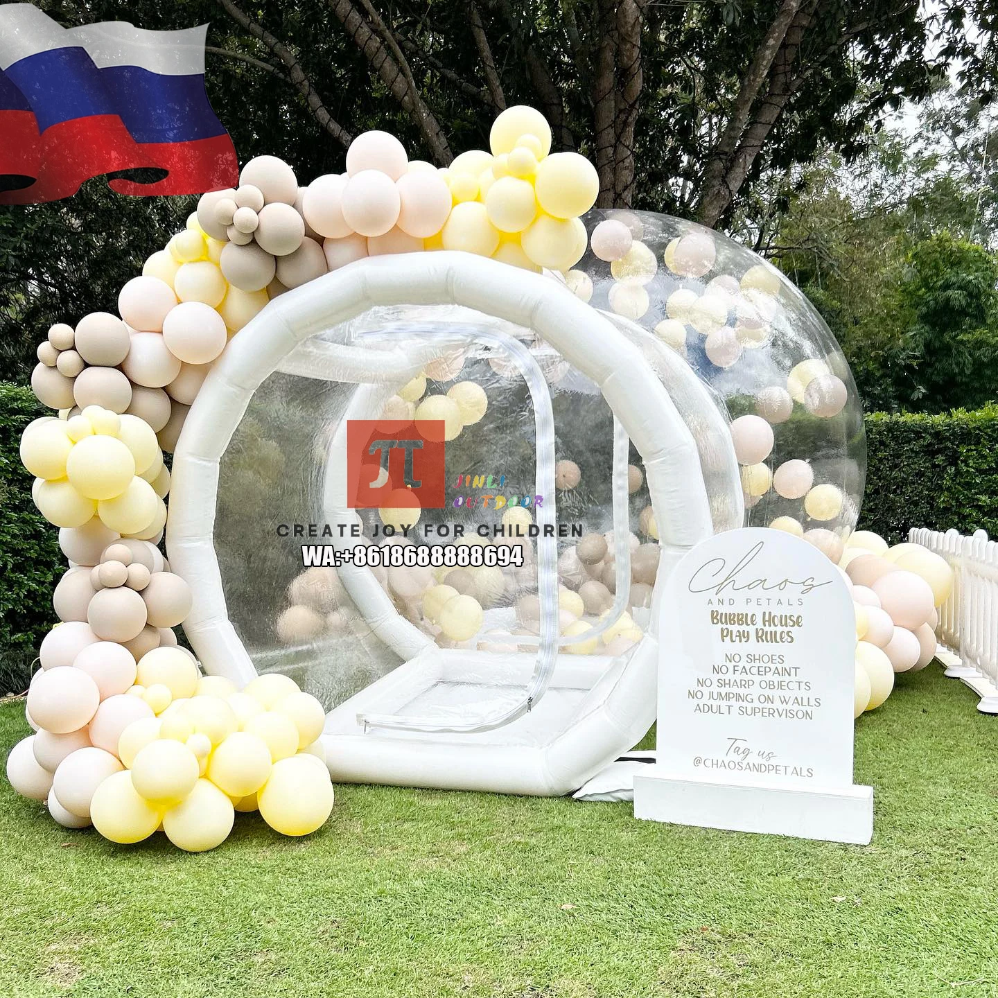 

Russia special line duty-free free shipping material inflatable bubble house/bubble house with trampoline including accessories