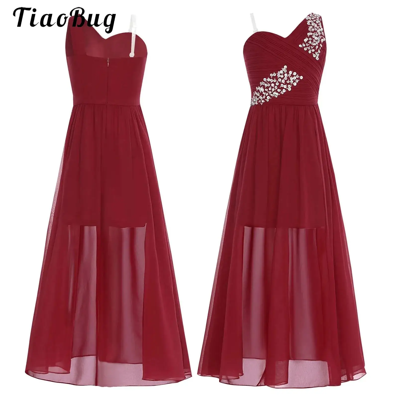 

Girls Sequin Wedding Flower Dress Elegant Pleated Split Chiffon Long Dress for Celebration Graduation Wedding Formal Party Proms