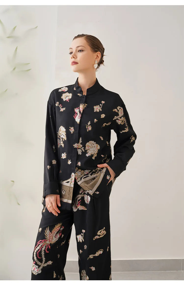 Summer New Woman High end Silk + Cotton Phoenix Jacquard Small Standing Neck Long sleeved Coat+Wide Leg Pants 2-piece Set M-XXL