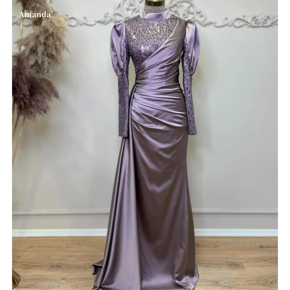 

Amanda Purple Satin فساتين سهرة High Neck Mermaid Modest Prom Dresses Elegant Long Sleeves Floor-Length Saudi Arabia 2024