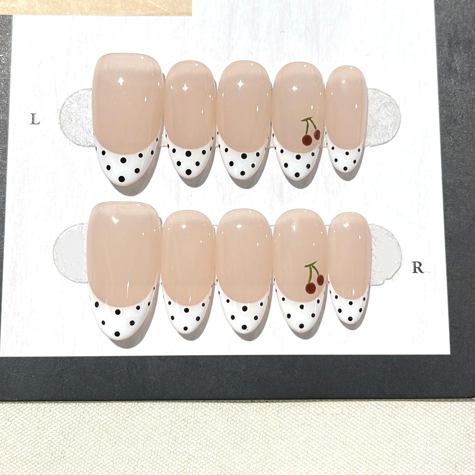 10PCS Original Handcrafted Nude French Press On Nails, Black Polka Dot Cherry Fake Nails For Women Nail Art