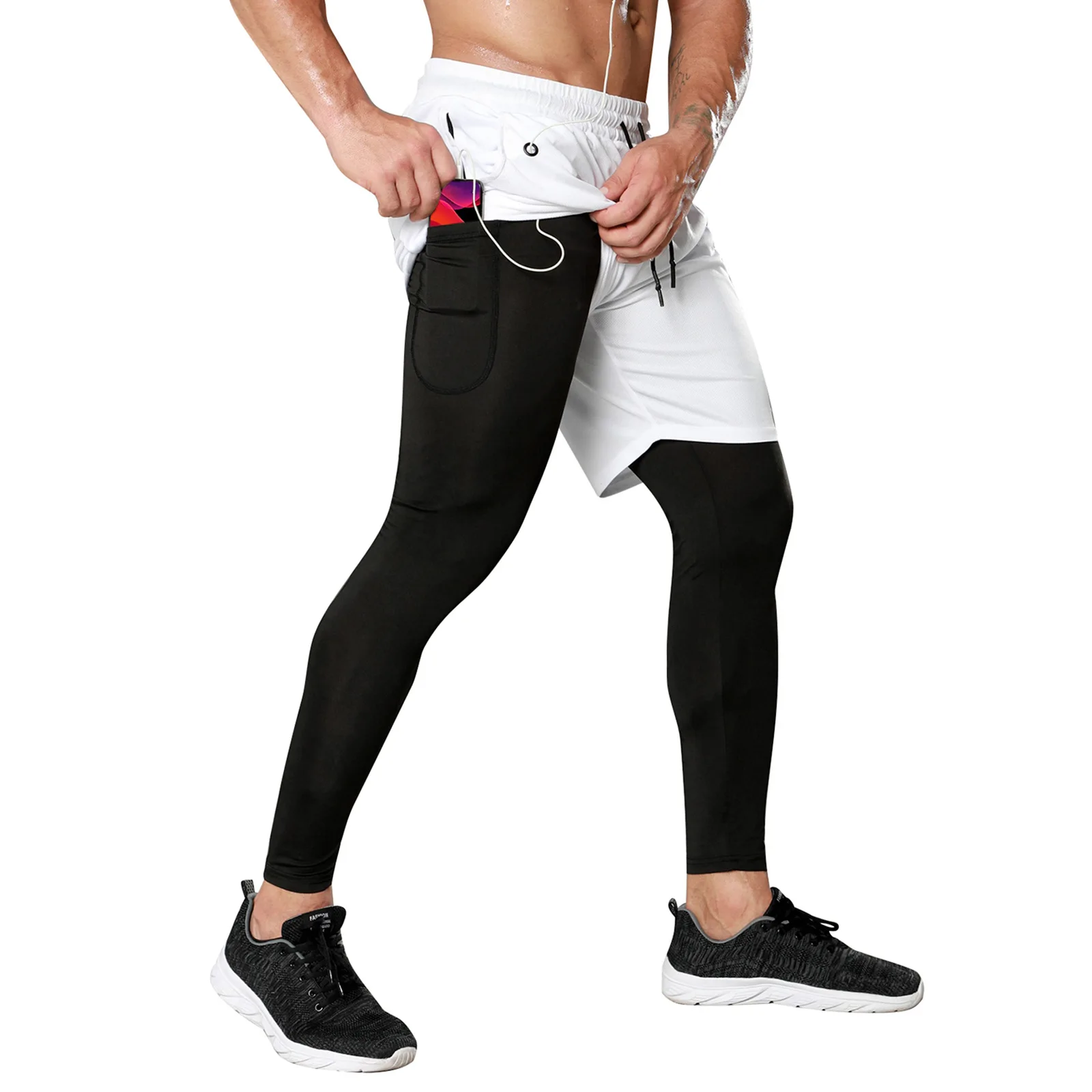 Gym Pants Man with Shorts Fitness Wear Men's Sports Pants with Phone Pockets Workout Leggings Running Tights Training Trouser