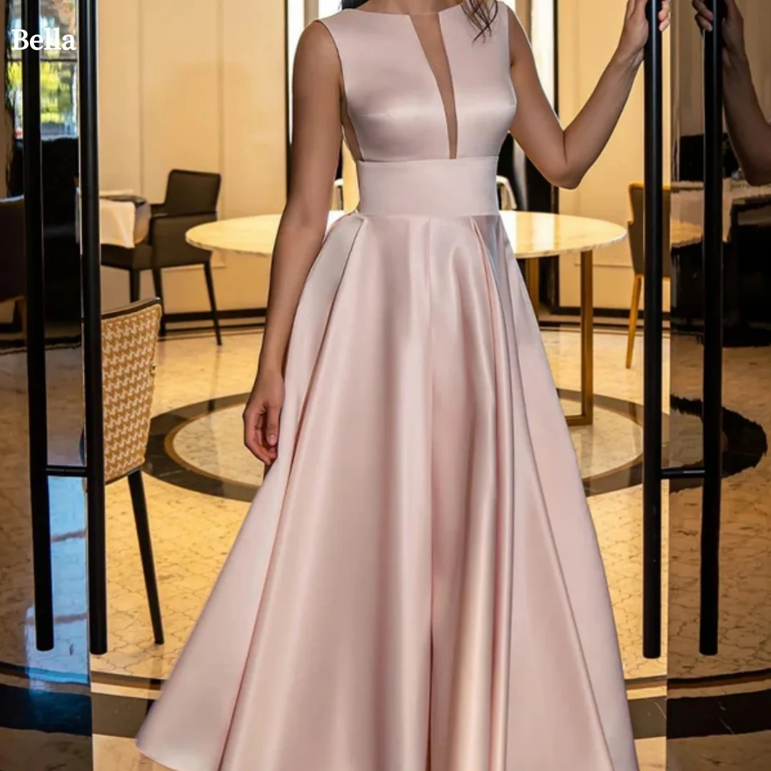 

Bella Customized Pink White V Neck Backless Sleeveless robes de soirée Ankle-Length Satin Party Dresses A-line Prom Dress 2025